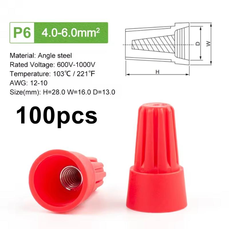100Pcsfast Wire Connector P1 P2 P3 P4 P6 Electrical Insulated Twist Crimp Terminal Awg22-10 Nut Spring End Cap Rotating Splicing