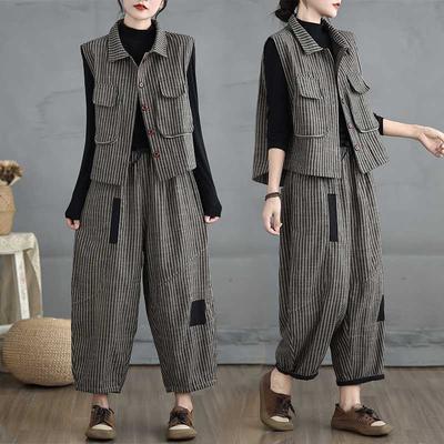 Ensemble deux pièces à rayures pour femme, tenue décontractée, version automne-hiver, débardeur ample, Hrlan