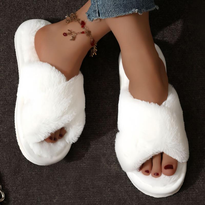 Fashion Women Fluffy Slippers Cross Band Soft Plush Cozy House Shoes Furry Open Toe Indoor Outdoor Slip Warm Anti Skid Sole