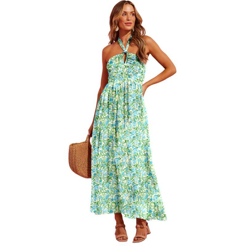

American Shiying Vacation Style Florals Halterneck Dress Women s 2025 Summer New Arrival Loose Draping Effect Long Dress Green P10920 M(Code fits (55.00 kg-62.50 kg)