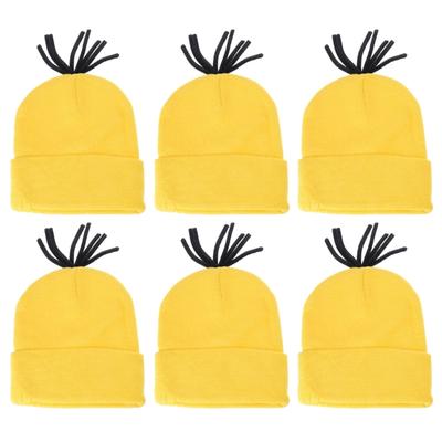 6 pièces Bonnet Tricoté en Acrylique Jaune avec Pompons Chapeau d'Hiver Doux pour Adultes Enfants Accessoires de Costume d'Halloween