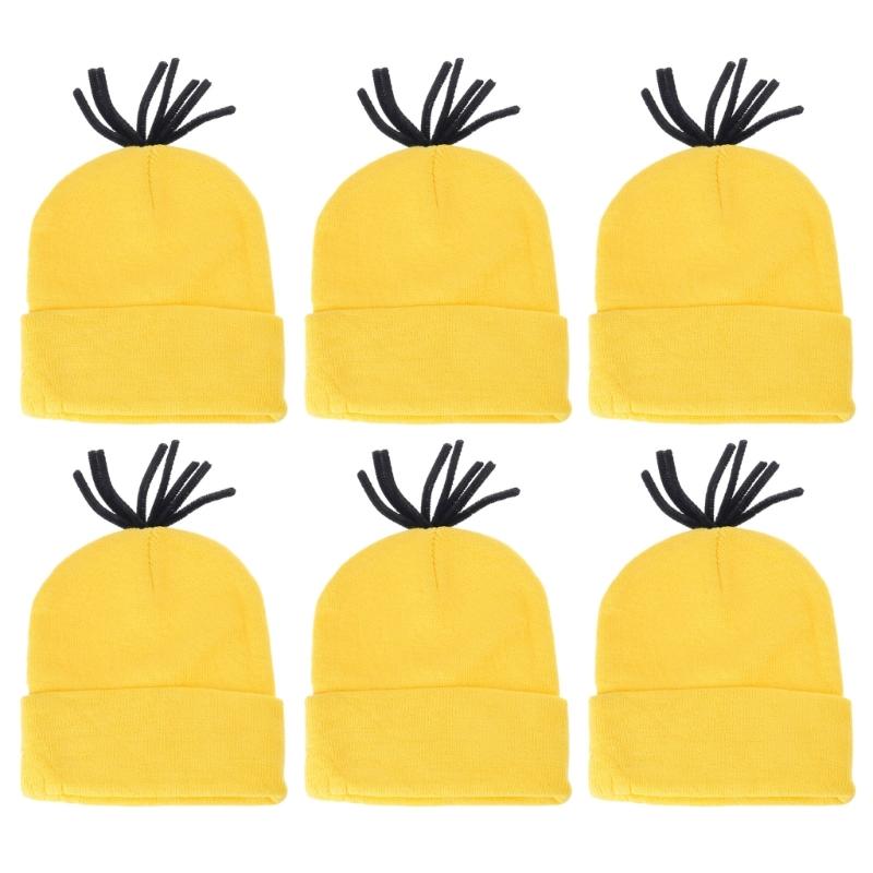 

6PCS Yellow Acrylic Knitted Beanies Hat With Tassels Soft Winter Hat For Adults Kids Halloween Costume Accessories 1