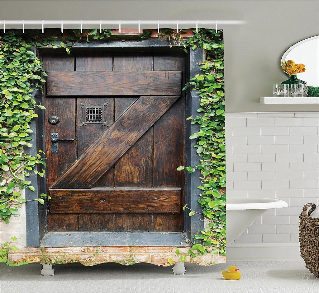 Wood Door Cow Shower Curtain Farm Animal Barn Door Wooden Wheel Pumpkin Sunflower Retro Bath Curtain Bathroom Accessories Set
