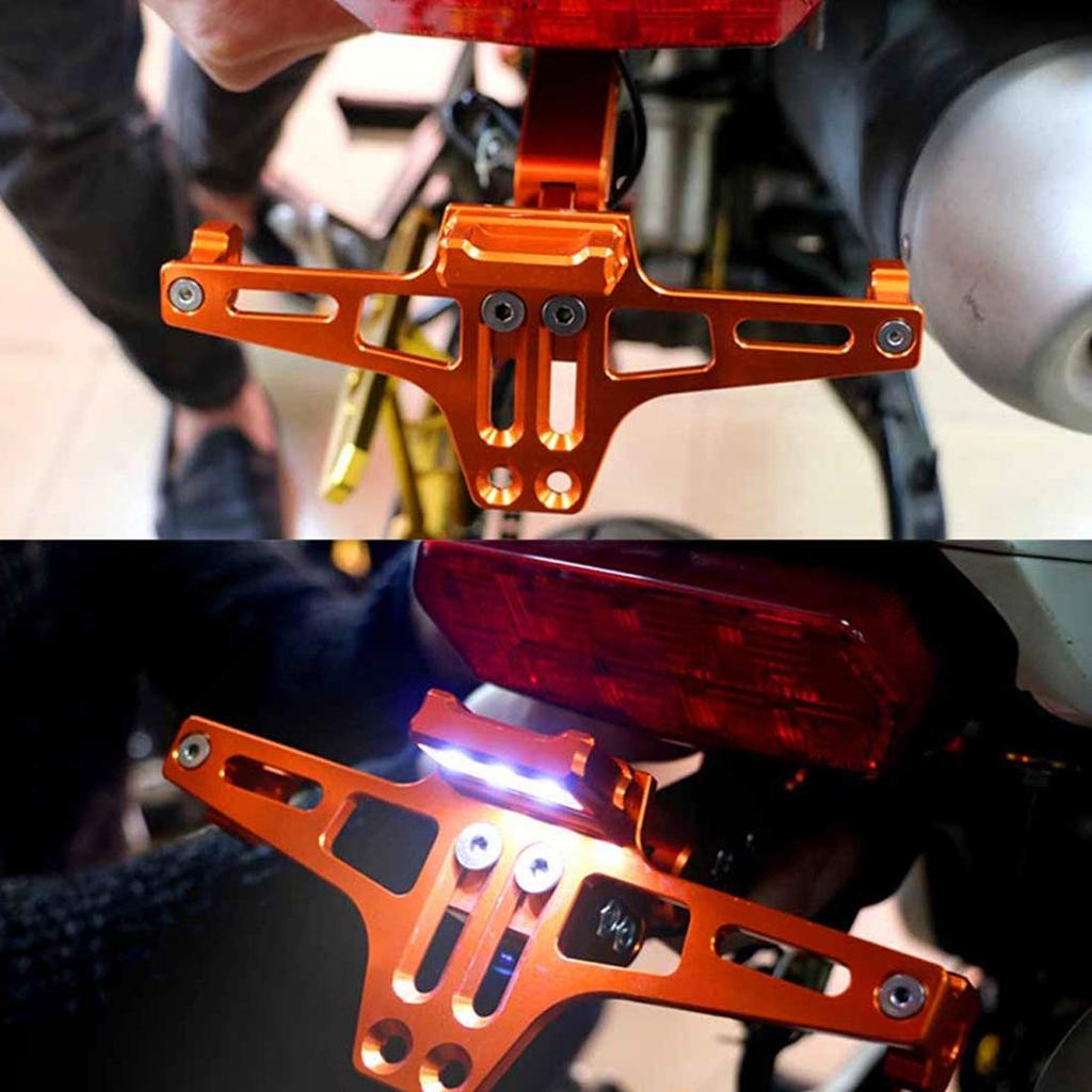 Karun License Plate Stay, License Plate Holder, Shaved Aluminum, Angle Adjustable, LED Light, Universal Motorcycle Accessories (Orange)