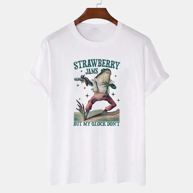 Strawberry Jams Funny Saying TShirts Trendy Cute Meme T Shirt Women Vintage Frog Printed Tees Short Sleeve Cottagecore Clothes S