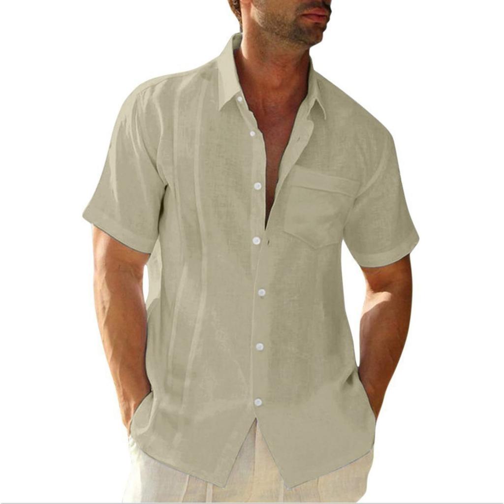 Men's Casual And Fashionable -color Lapel Button Cardigan, Cotton And Linen Men's Short-sleeved Top