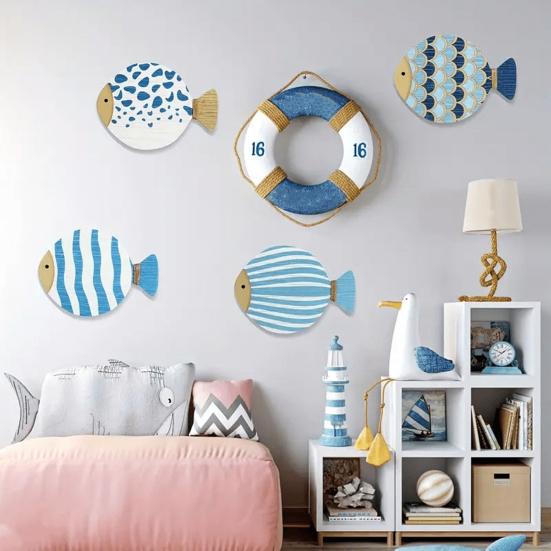 4Pcs/Set Wooden Fish Wall Decoration Farmhouse Rustic Nautical Fish Wall Art Sculpture Home Living Room Bathroom Wall Decorative Sign