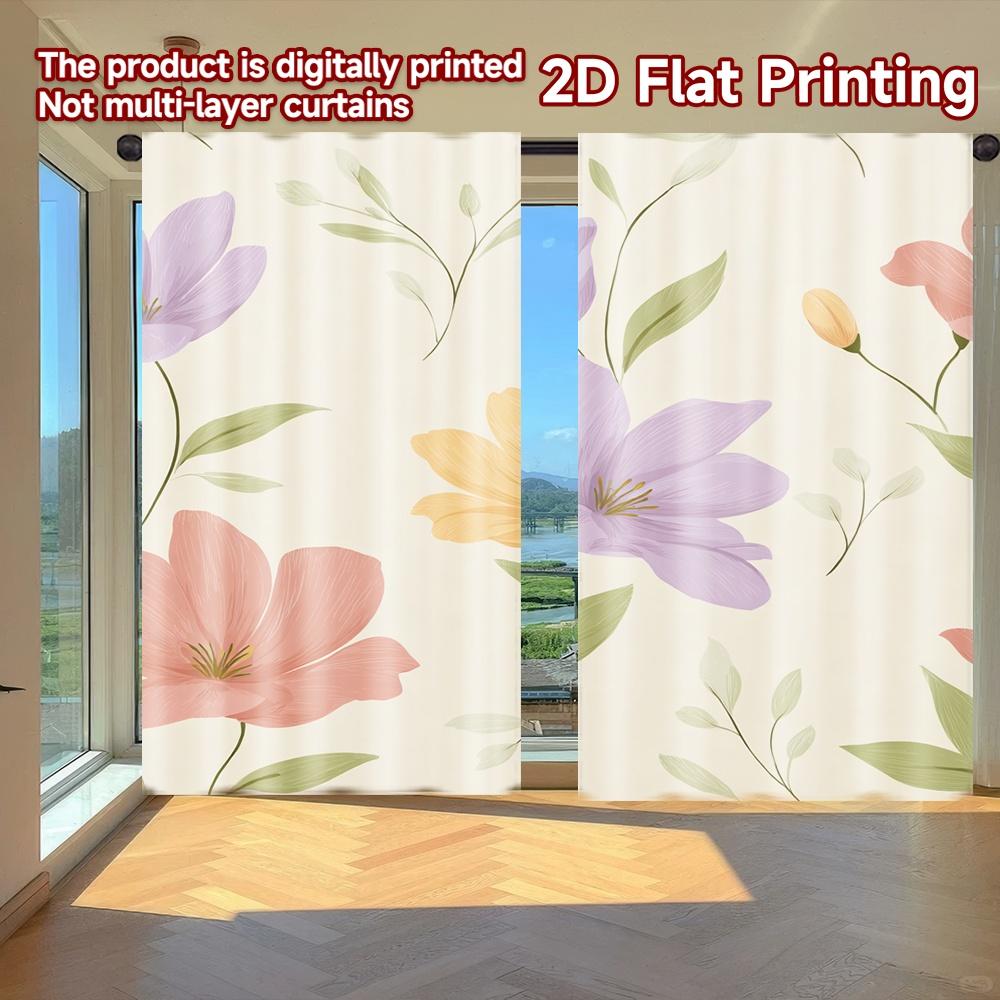 

Set Of 2 Flat Printing Curtains Without Rod Floral Spring Celebration Design New Year Holiday Curtain Polyester Machine Washable W100*H70(CM)-Hooks&1PCS