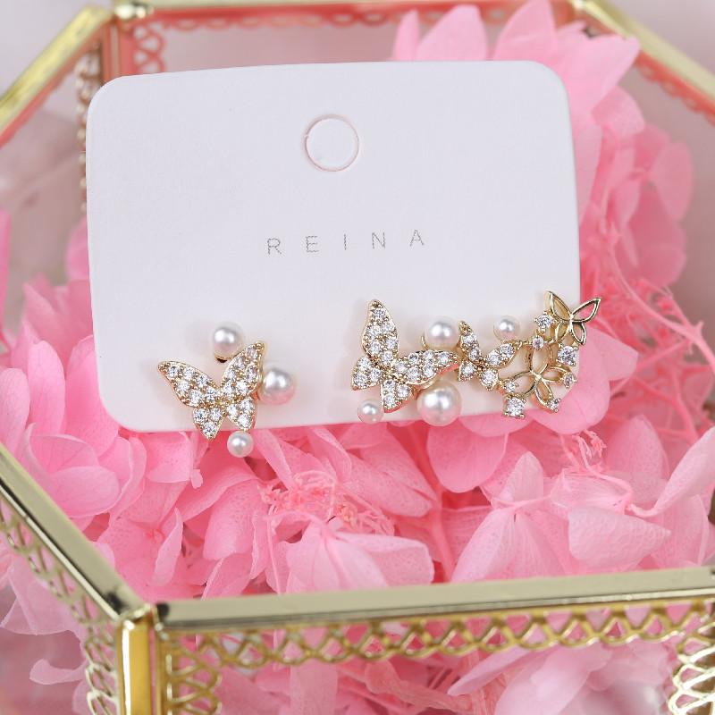 Korea New Fashion Jewelry 14K Real Gold Plating AAA Zircon Butterfly Asymmetric Earring Elegant Pearl Women's Daily Accessories