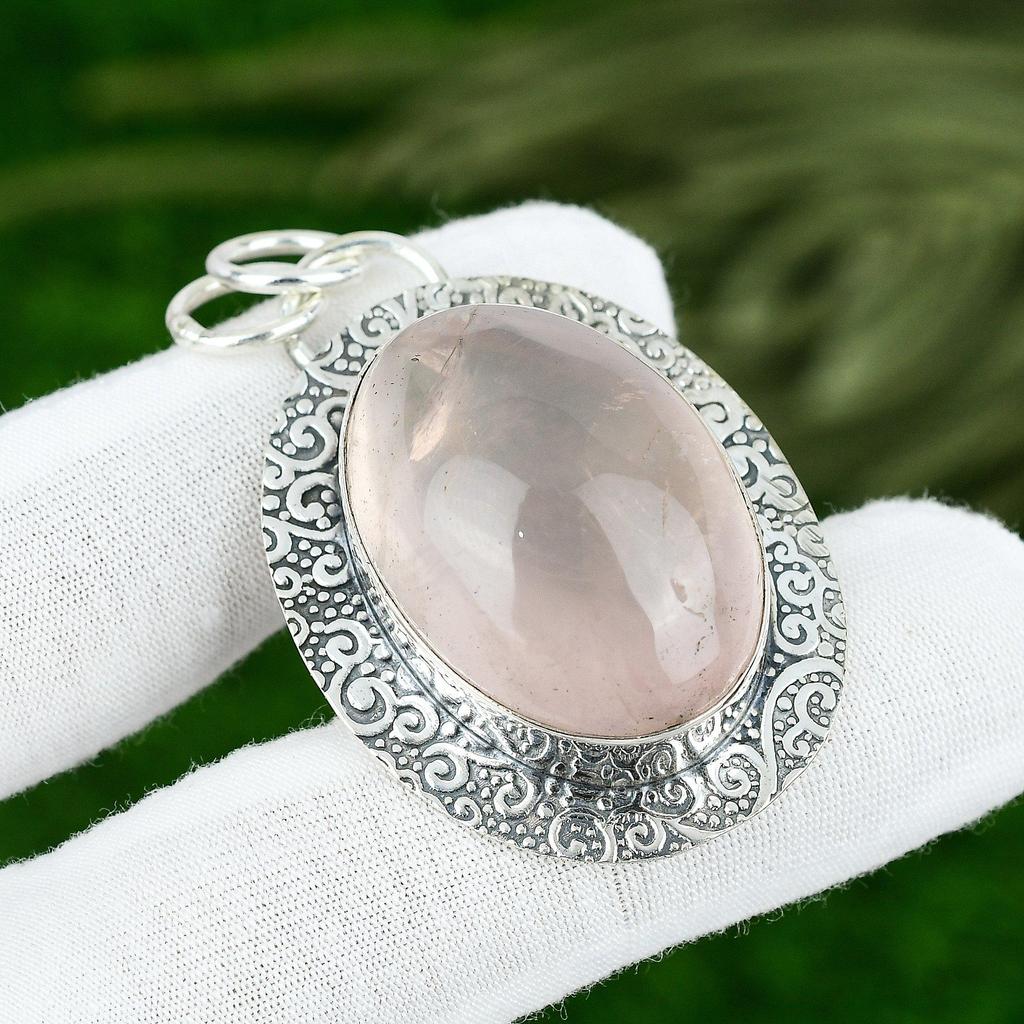 Oval Natural Rose Quartz Sister Heart Chakra New Pendant Jewelry Sterling Silver