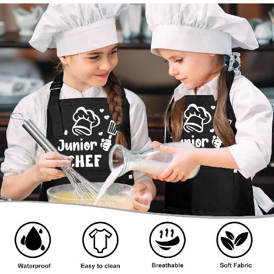 Auidy_6TXD Kids Apron and Chef Hat Set, Funny Apron (Junior CHEF) Adjustable Child Apron with 2 Pockets Waterproof Chef In Training Gifts for Boys