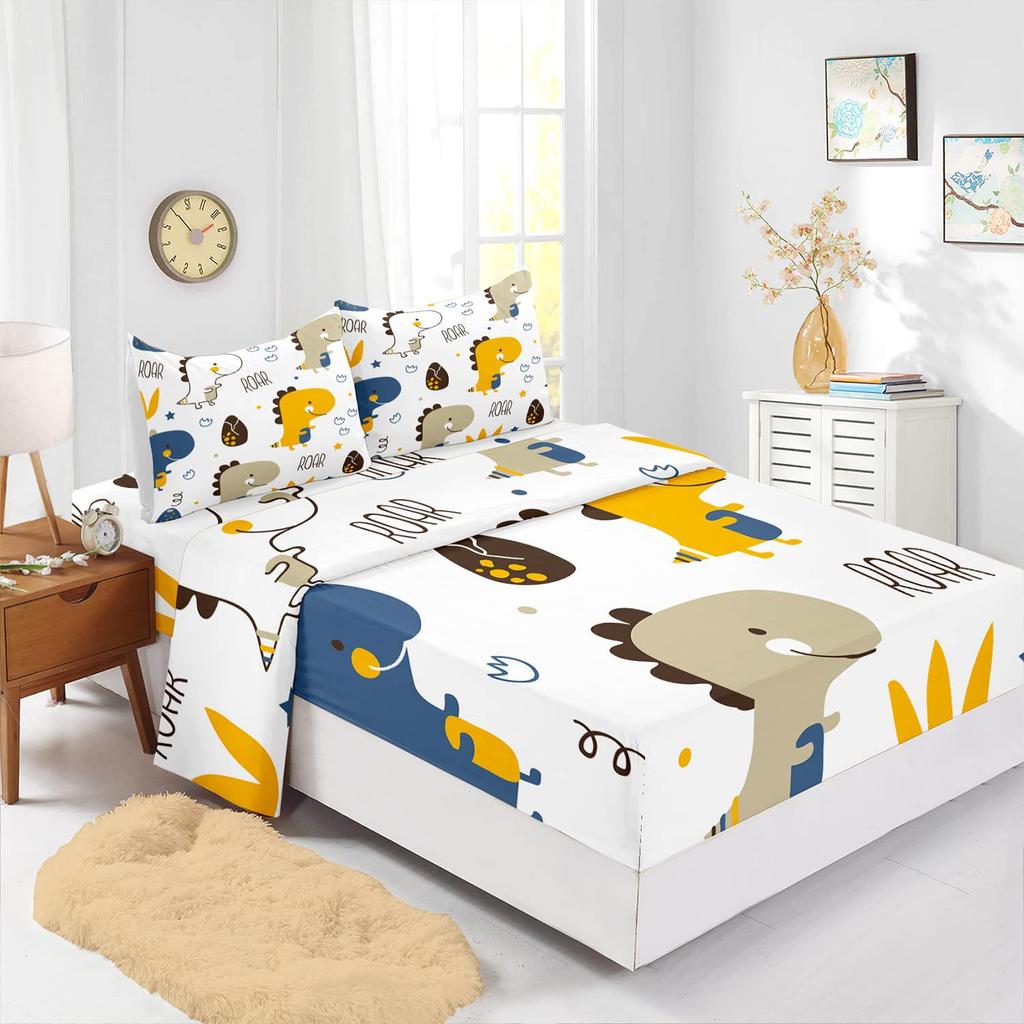 Cartoon animal little dinosaur pattern bed hat four-piece bedding set bedroom dormitory bedding decoration