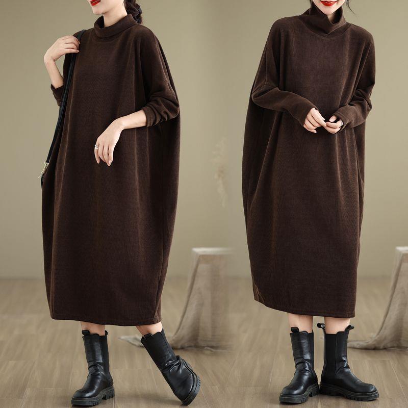 

Plus Size Women s Elegant Coffee Long Sleeve High Neck Slimming Mid-Length Dress One Size [Suitable for 100-200 Jin]