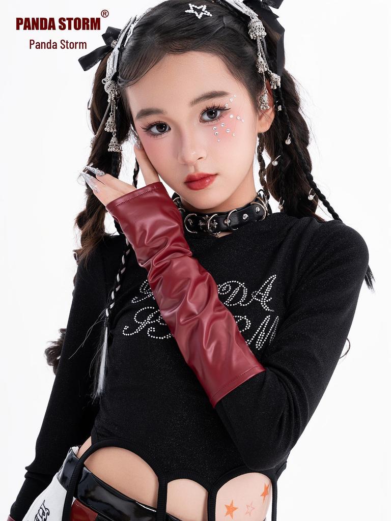 Dziewczęcy strój do tańca jazzowego z cyrkoniami - Zestaw koszulki z długim rękawem i spodni do tańca ulicznego i na występy