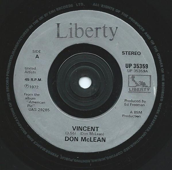 

7inch Record DON MCLEAN Vincent UP35359 Liberty UK Rock Used
