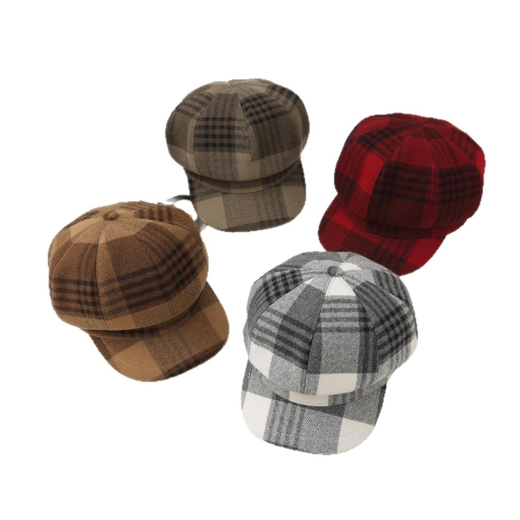 Big head circumference octagonal hat women's face small beret autumn and winter plaid newsboy hat brown cap