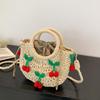 Yogodlns Bolsa de Palha Cereja Feminina Bolsa de Mão Tecida à Mão Formato de Lua Bolsa de Rattan Grande Capacidade Cordão Casual Bolsa de Ombro Cruzada para Praia