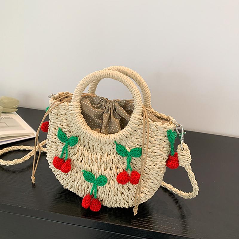Yogodlns Bolsa de Palha Cereja Feminina Bolsa de Mão Tecida à Mão Formato de Lua Bolsa de Rattan Grande Capacidade Cordão Casual Bolsa de Ombro Cruzada para Praia