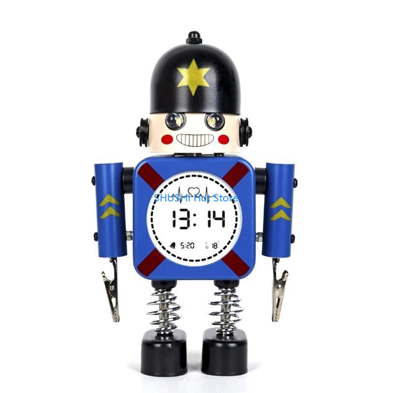 Cartoon Robot Alarm Clock Metal Wake-up Clocks with Flashing Eye Lights Desktop Ornament Children Christmas Gift D57B