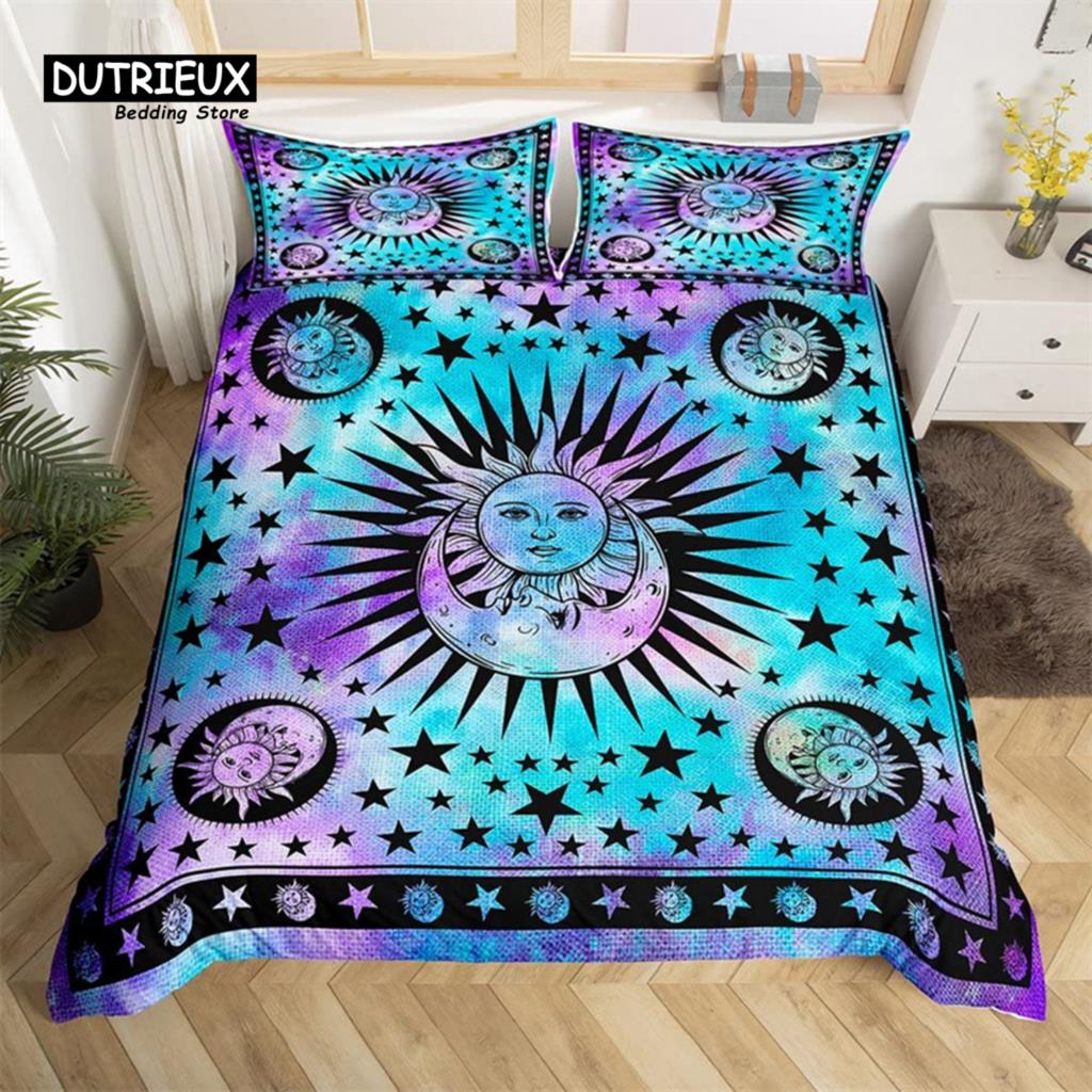Comforter Sun And Moon King Queen Starry Sky Galaxy Trippy Bedding Set For Kids Adults Microfiber Boho Geometric