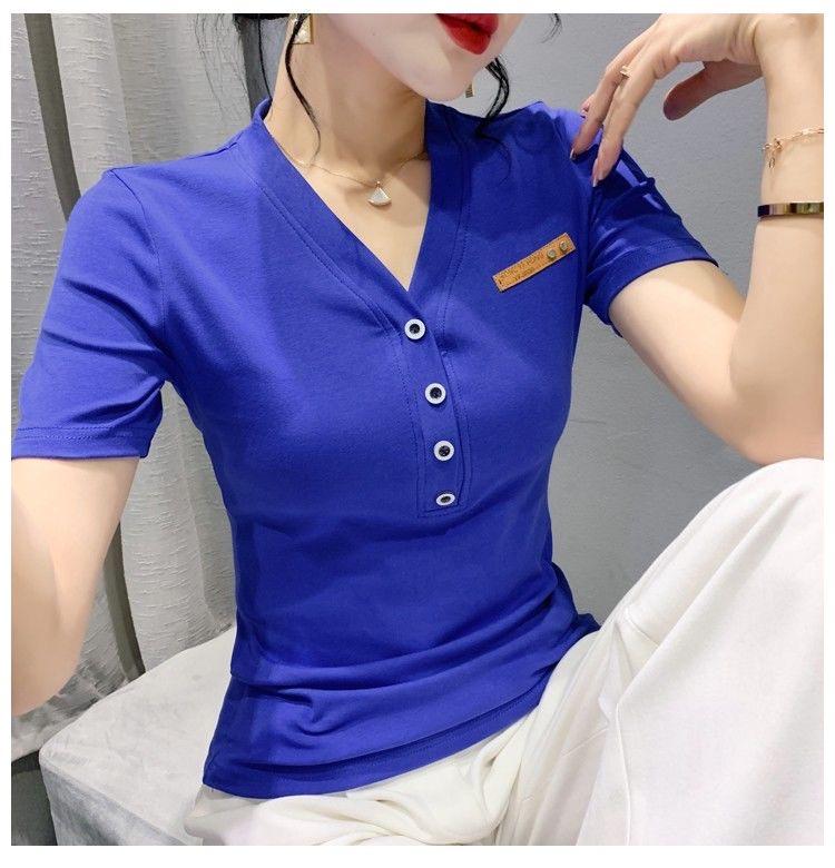 

Очаровательная корейская модная хлопковая футболка в рубчик с V-образным вырезом - женский универсальный повседневный топ свободного кроя с коротким рукавом XL