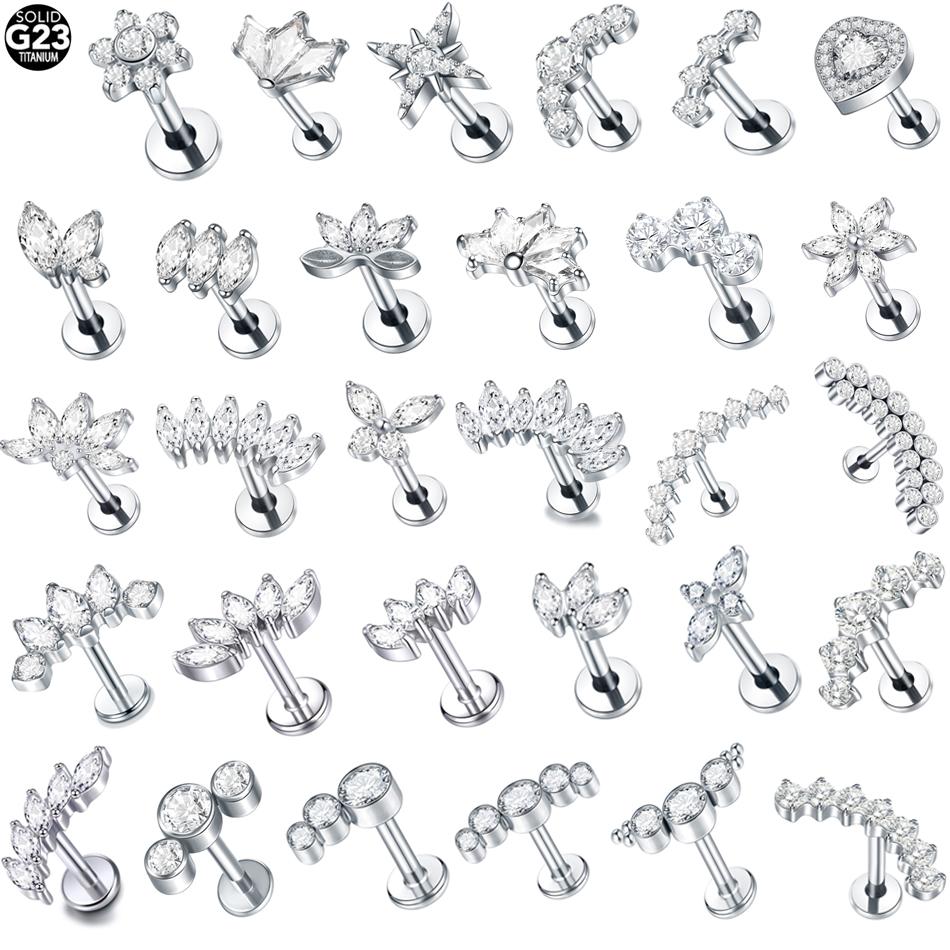 1Pc G23 Titanium Labret Ear Tragus Earring Stud Internally Threaded Zircon Lip Rings Cartilage Helix Piercing Body Jewelry 16G