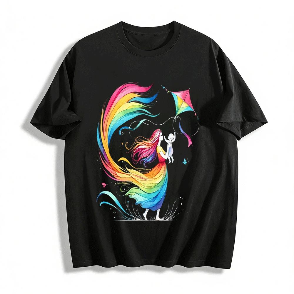 Rainbow Parent-child Kite Print Casual Top Warm Mother Love Theme Tee Pure cotton T-shirt XXS