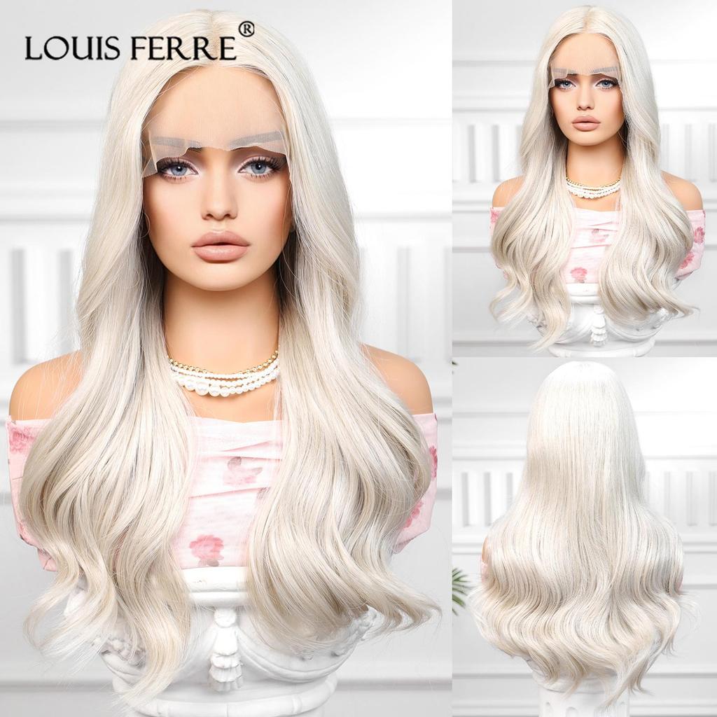 LOUIS FERRE Lange, gewellte Lace-Front-Perücken, blond-weiße Perücke für schwarze und weiße Frauen, Alltags- und Partyhaar, synthetisch, hitzebeständig