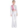 Girls Metallic Sequin Dance Set Long Sleeve Crop Top Paired with Sheer Mesh Bell Bottom Pants Performance Outfit