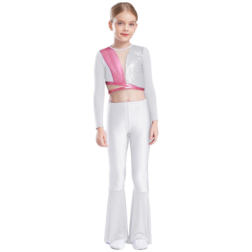 Girls Metallic Sequin Dance Set Long Sleeve Crop Top Paired with Sheer Mesh Bell Bottom Pants Performance Outfit