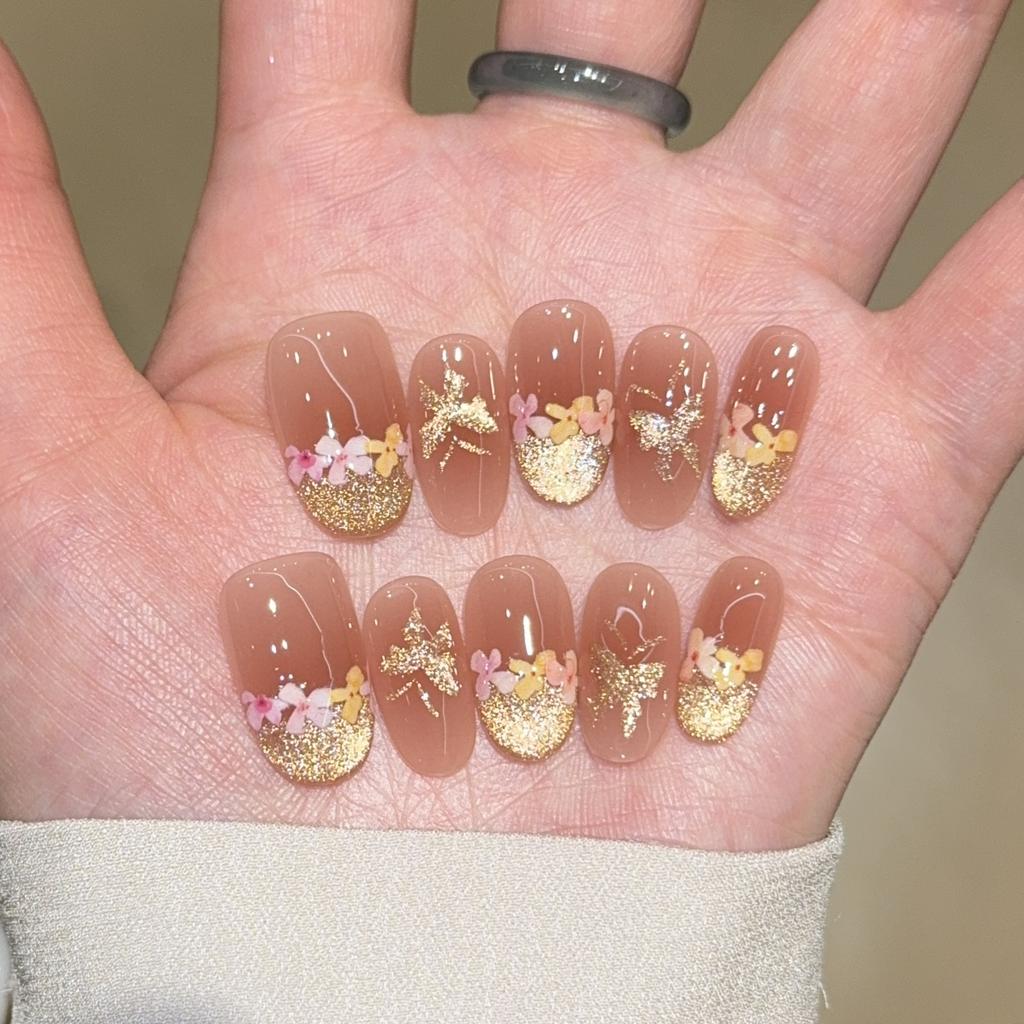 ins wind spring dried flower cat eye short pure hand-worn nail advanced whitening boutique nail art fake nail patch
