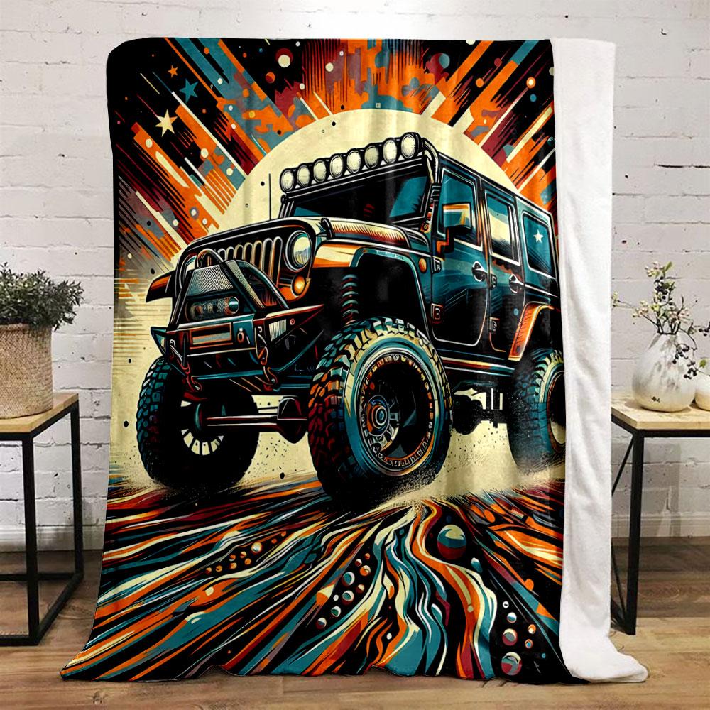 Bold off-road vehicle with dynamic, colorful streaks and cosmic accents. for all seasons blanket lunch break throw gift