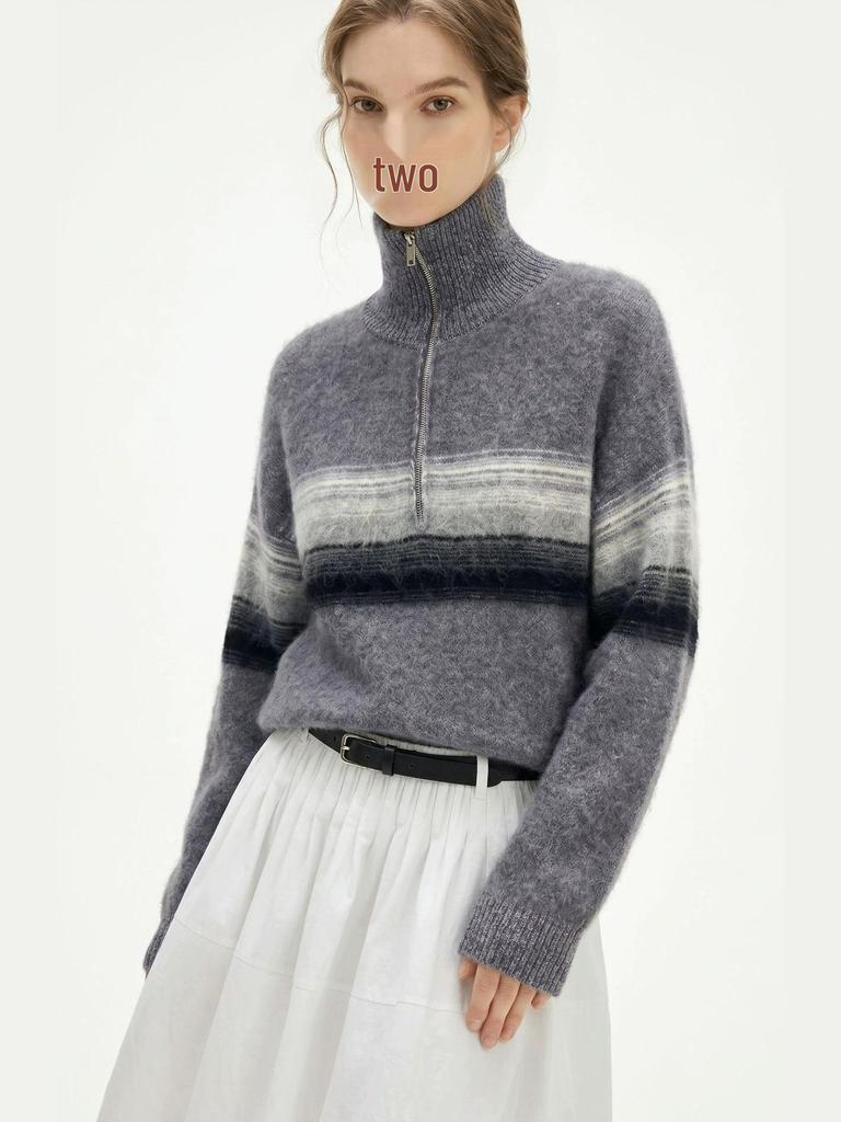 Women's High Neck Half-Zip Gradient Color Block Plush Knit Sweater – Cozy, Relaxed Autumn/Winter Essential