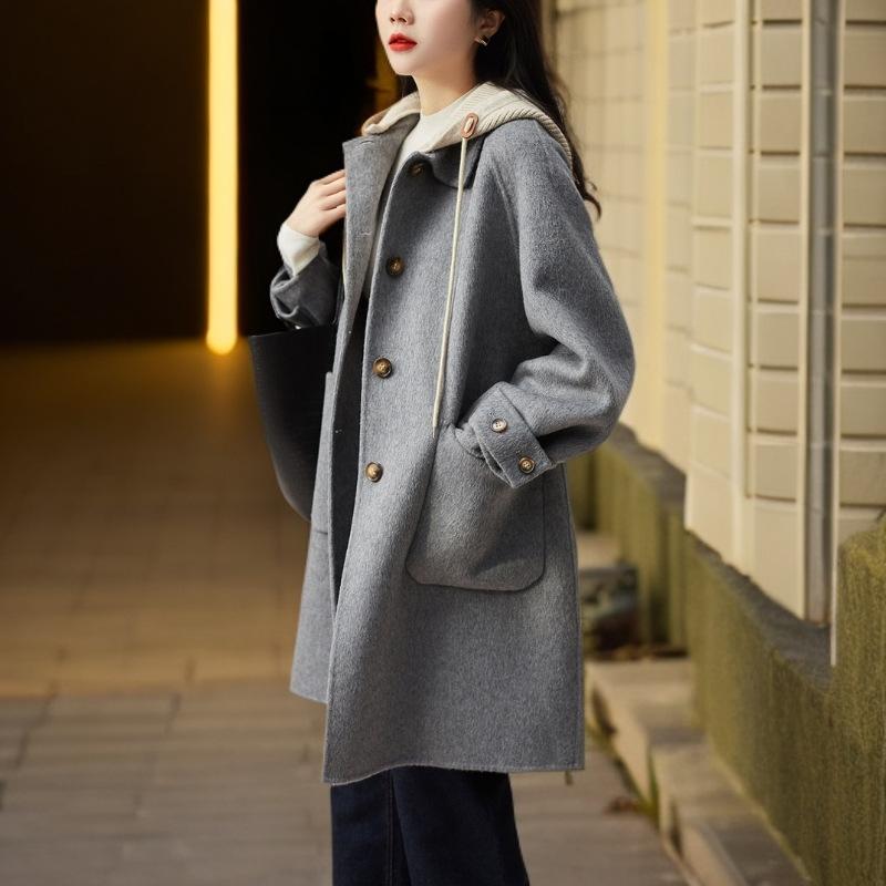 Women Double-sided Cashmere Coat Female Solid Long Hooded Single Breasted Warm Woolen Coats Loose Autumn Winter