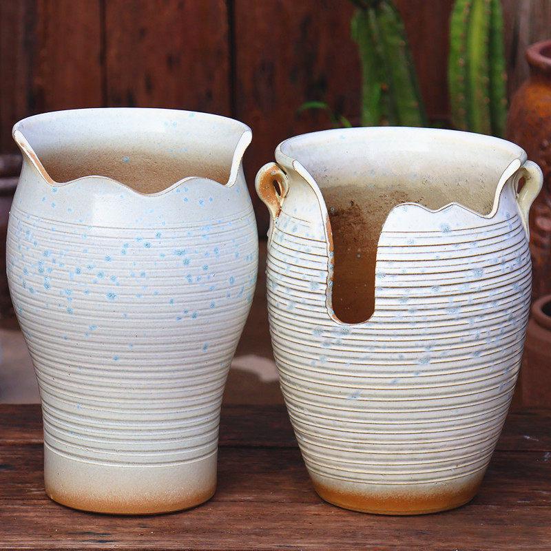 Large Handmade Coarse Pottery Succulent Flower Pot with Shallow Cut Opening
