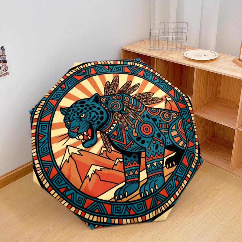 

1 PC Automatic Folding Umbrella - Retro tribal style leopard Pattern, Portable & Foldable Design with 8 Ribs, Christmas Birthday Gifts