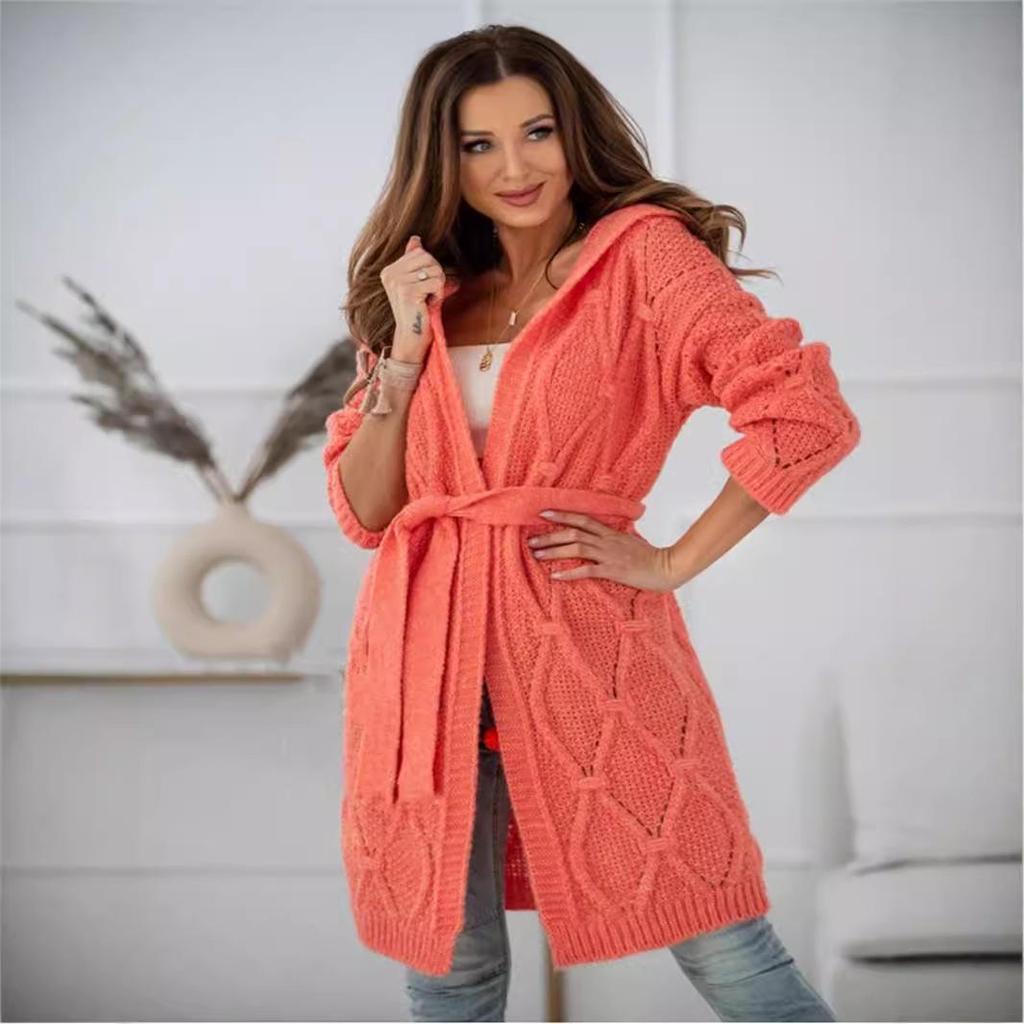 Women's Plus Size Knitted Hoodie Cardigan with Belt - Long Sleeve, 8 Color Options, 2024 Collection