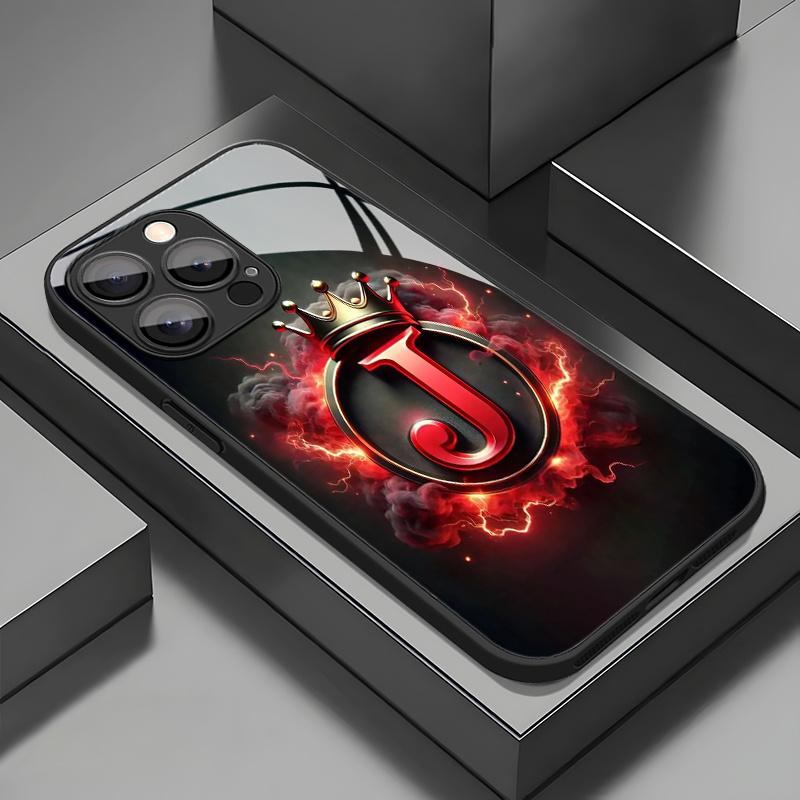 Crown Flame Letter J Pattern Tempered Glass Phone Case for iPhone 17 16 15 14 13 12 11Pro/Max/Plus, Drop & Shockproof Back Cover