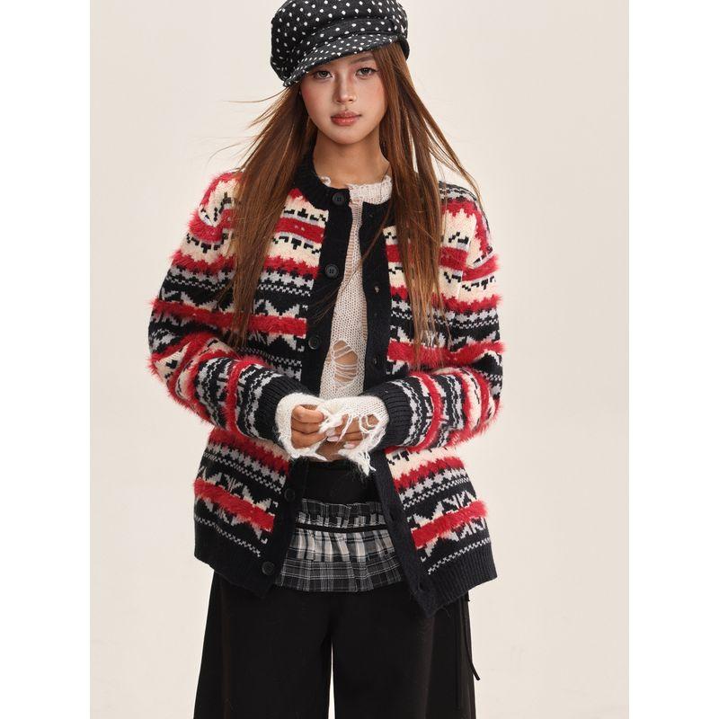 Shiyiyue Fair Isle New Year Cardigan Women's Autumn and Winter Lazy Style Loose Coat Round Neck Casual Knitted Sweater