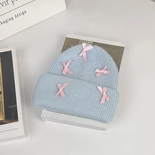New Angora Rabbit Fur Bow Winter Hat For Women Knitted Fluffy Beanie Ladies Fashion Warm Plush Skull Womens Thick Fleece Hat Y2K