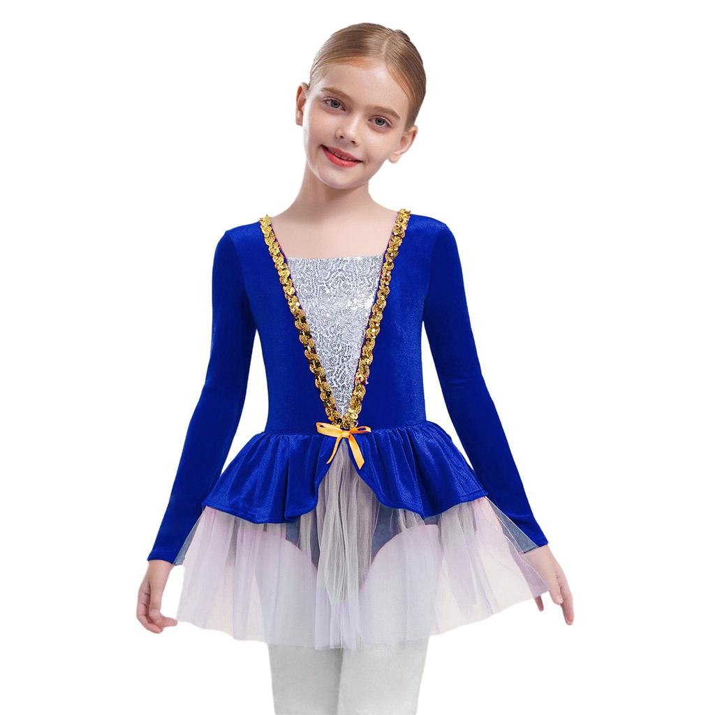 Mädchen Eiskunstlauf Performance Kleid Langarm Glitzernde Pailletten Patchwork Samt Tüllkleid Eingearbeiteter Slip Ballett Kostüm