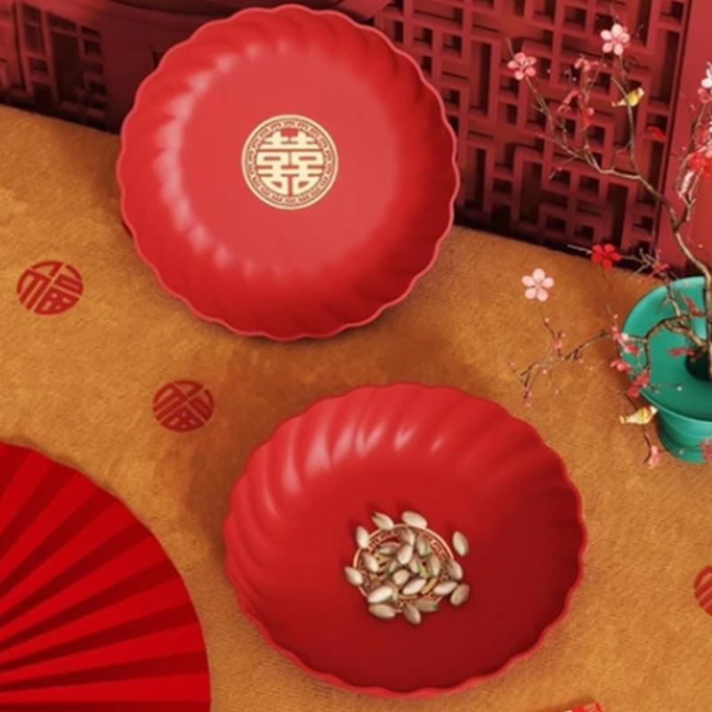 4Pcs Red Wedding Snack Tray Round Plastic Chinese  Year Nut Fruit Plate Chinese Thickened Serving Tray Entertainment
