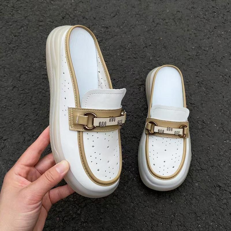 

New summer hole shoes women s fashion versatile hollow leather bag head slippers comfortable loafers mother shoes 41 хакі