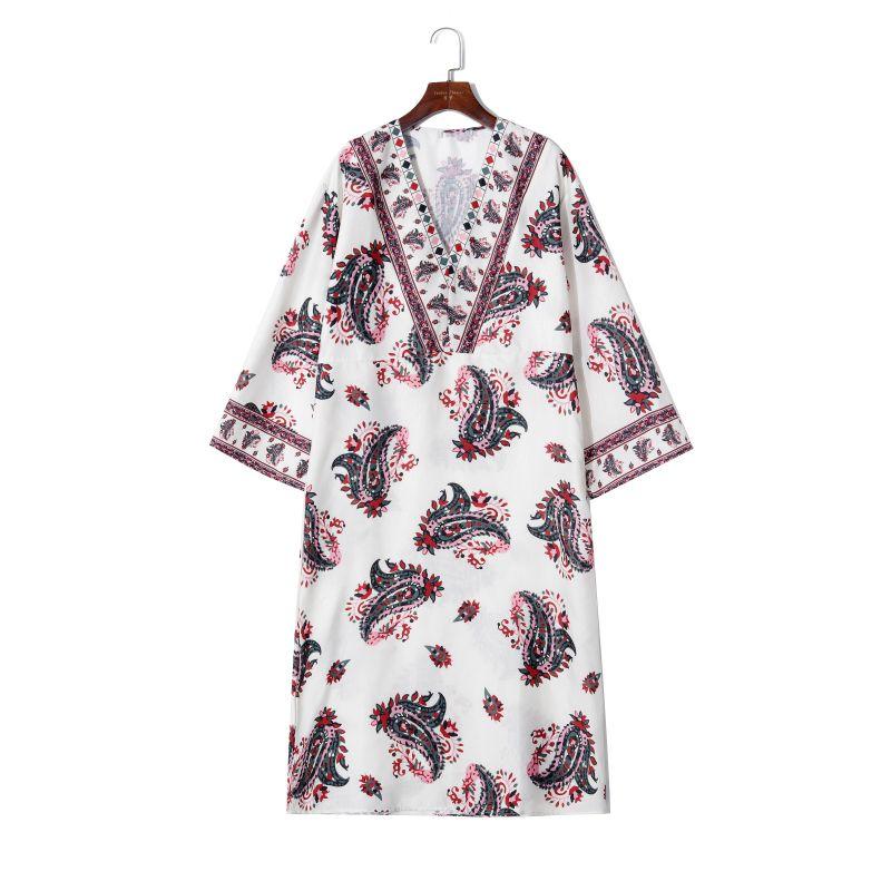 

Women s Clothing Retro Elegant Drop-Shoulder Sleeve Dress Pullover White Print M