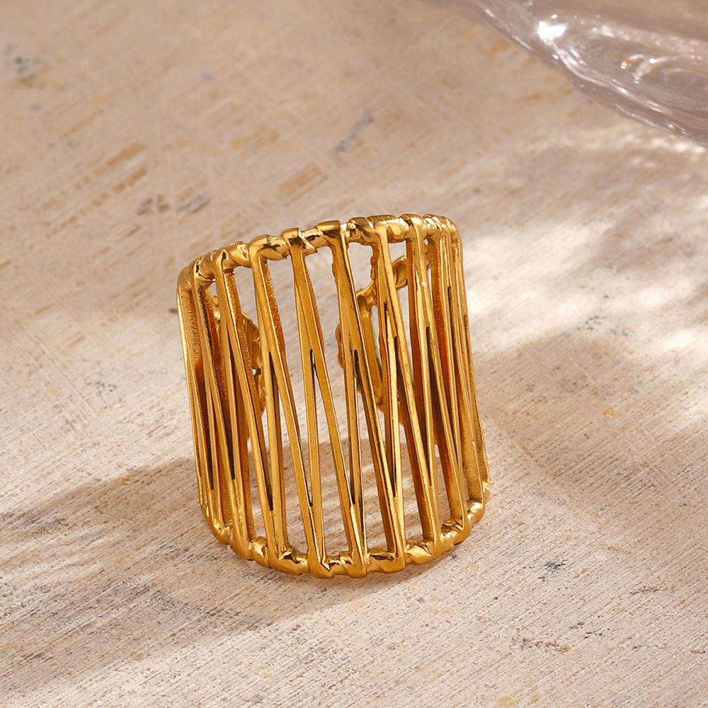 Stainless Steel Wide Ring Exaggerated Heavy Lines Personalized Hollow Hip-Hop Opening Adjustable Waterproof Ring Women's Jewelry
