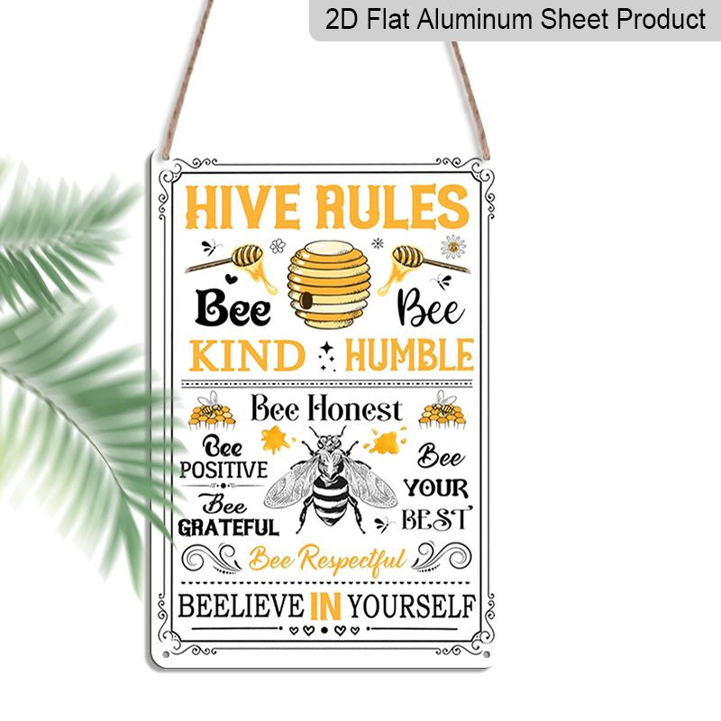 2D Flat Hive Rules Bee Kind Humble Vintage Bee Hive Metal Sign - 8.0x12.0inch Aluminum Wall Art, Farmhouse Bee Themed Home Kitchen Decor, Pre-Drilled 20*30cm