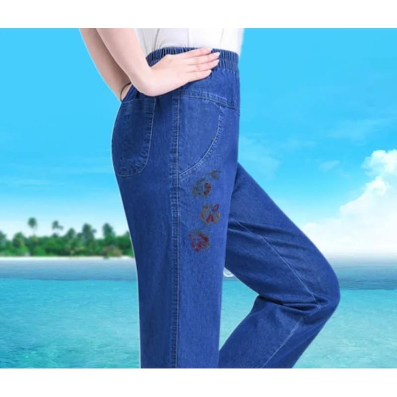 Women s Spring Summer Thin High-waist Jeans Mother Elastic Waist Female Casual Trousers Denim Nine Branch Pants S