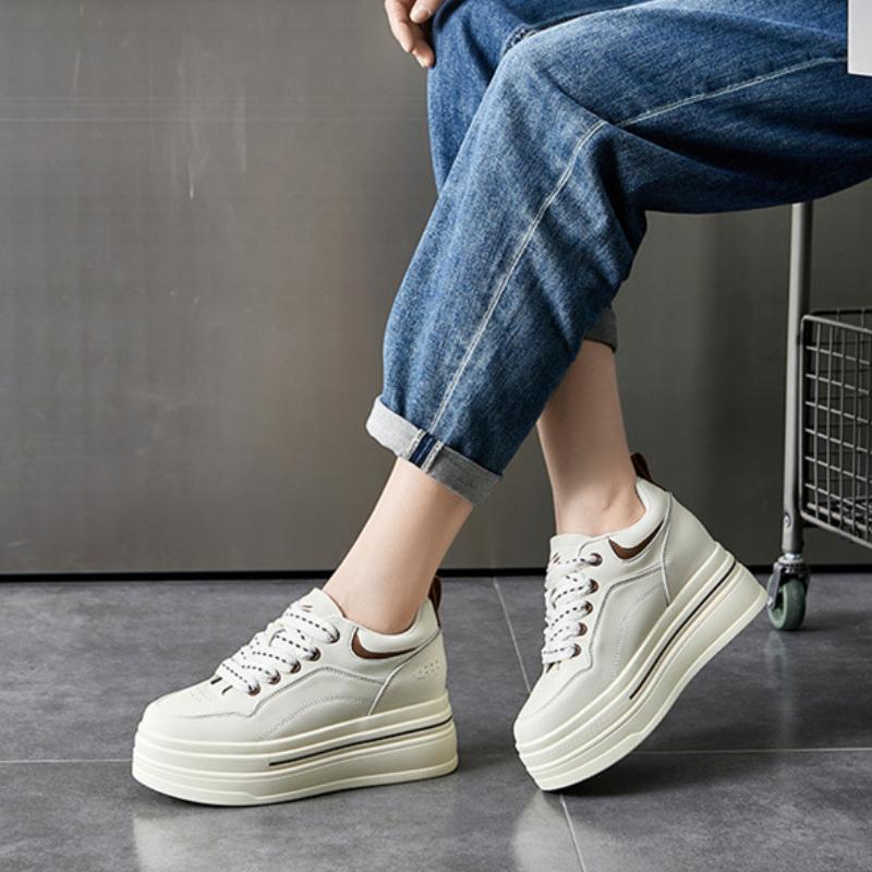 8cm  New Genuine Leather Chunky Sneakers Vulcanize Autumn Thick Soled Pumps Women Platform Wedge Fashion Ladies Spring Shoes