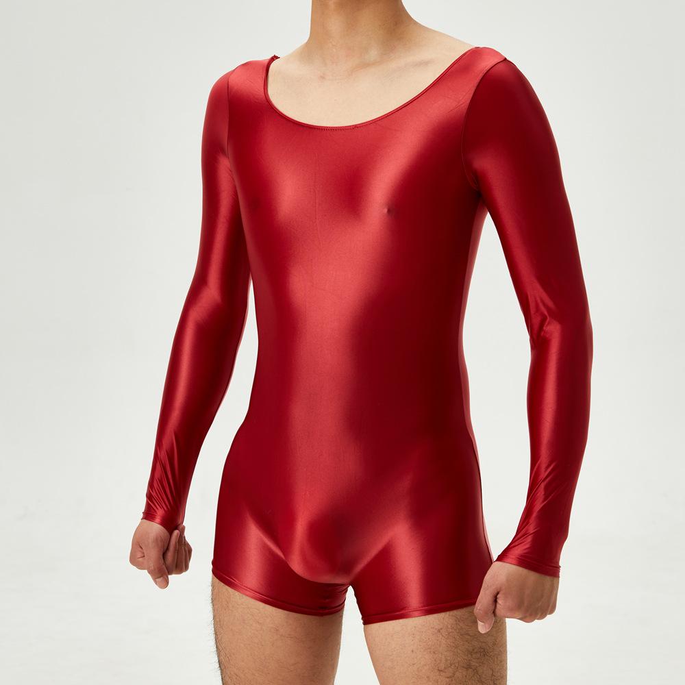 Sexy Men Dual Use Top T-Shirt Backless Bodysuit Stain Smooth Oil Glossy Shiny Sexy Tights Elastic Yoga Shapping Leotard Plus