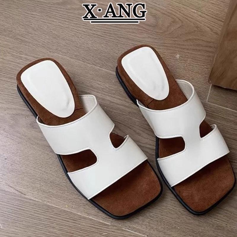 

Sheepskin version of square head small slope slippers women s summer wear new models with skirts holiday wind beach cool slippers 40
